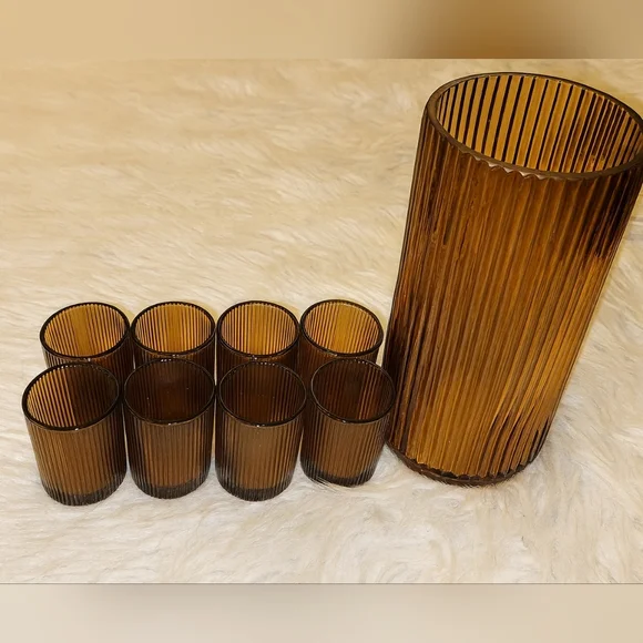 Amber Ribbed Decor Set | Ashland Vase + 8 Glass Candle Jars | Wedding/Home Décor - Picture 1 of 4
